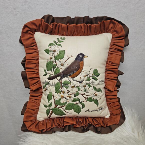Vintage American Robin Throw Pillow with Brown Ruffle Trim - Picture 1 of 5